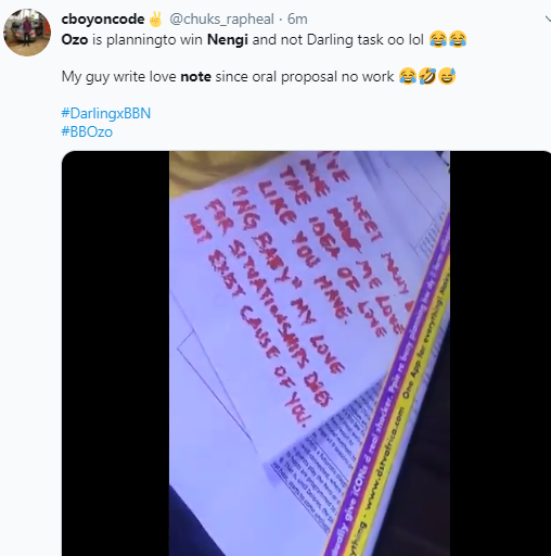 See the three love notes Ozo wrote to Nengi that has Nigerians talking