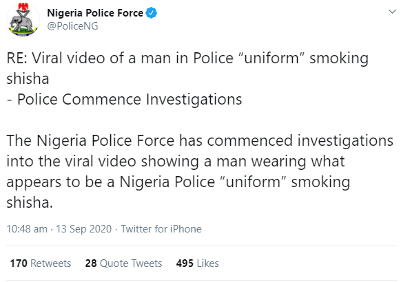 Nigerian police reacts after a man in a police uniform was filmed smoking shisha in public