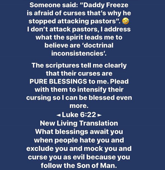 Beg your pastors not to stop cursing me- Freeze tells Nigerian Christians