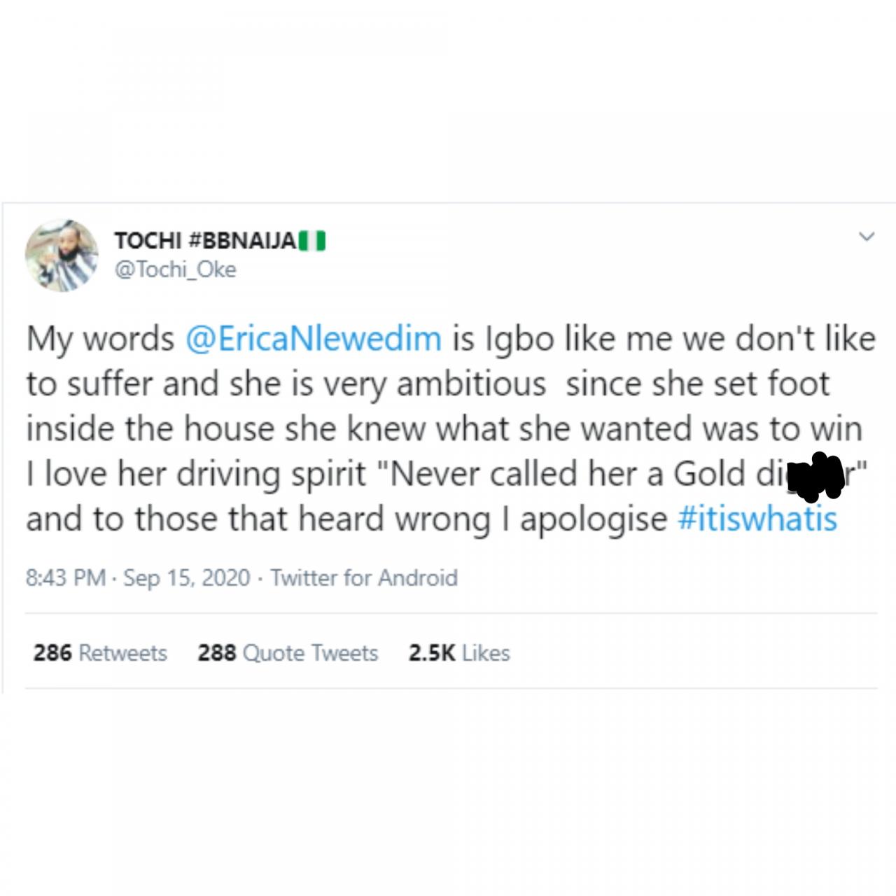 #BBNaija: Tochi denies calling Erica a gold digger (video)