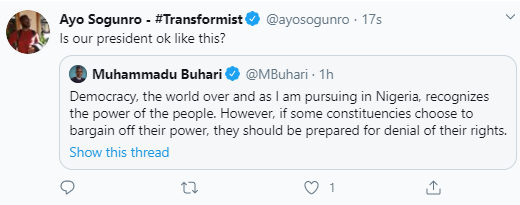 "This is rubbish" Nigerians react as President Buhari says in Independence Day speech "If some constituencies choose to bargain off their power, they should be prepared for denial of their rights"