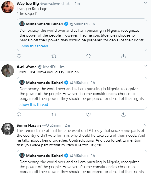 "This is rubbish" Nigerians react as President Buhari says in Independence Day speech "If some constituencies choose to bargain off their power, they should be prepared for denial of their rights"
