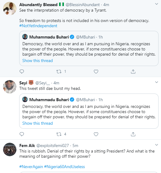 "This is rubbish" Nigerians react as President Buhari says in Independence Day speech "If some constituencies choose to bargain off their power, they should be prepared for denial of their rights"