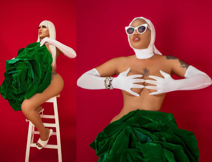 Toyin Lawani barely covers her naked body with a giant green flower to celebrate Nigeria