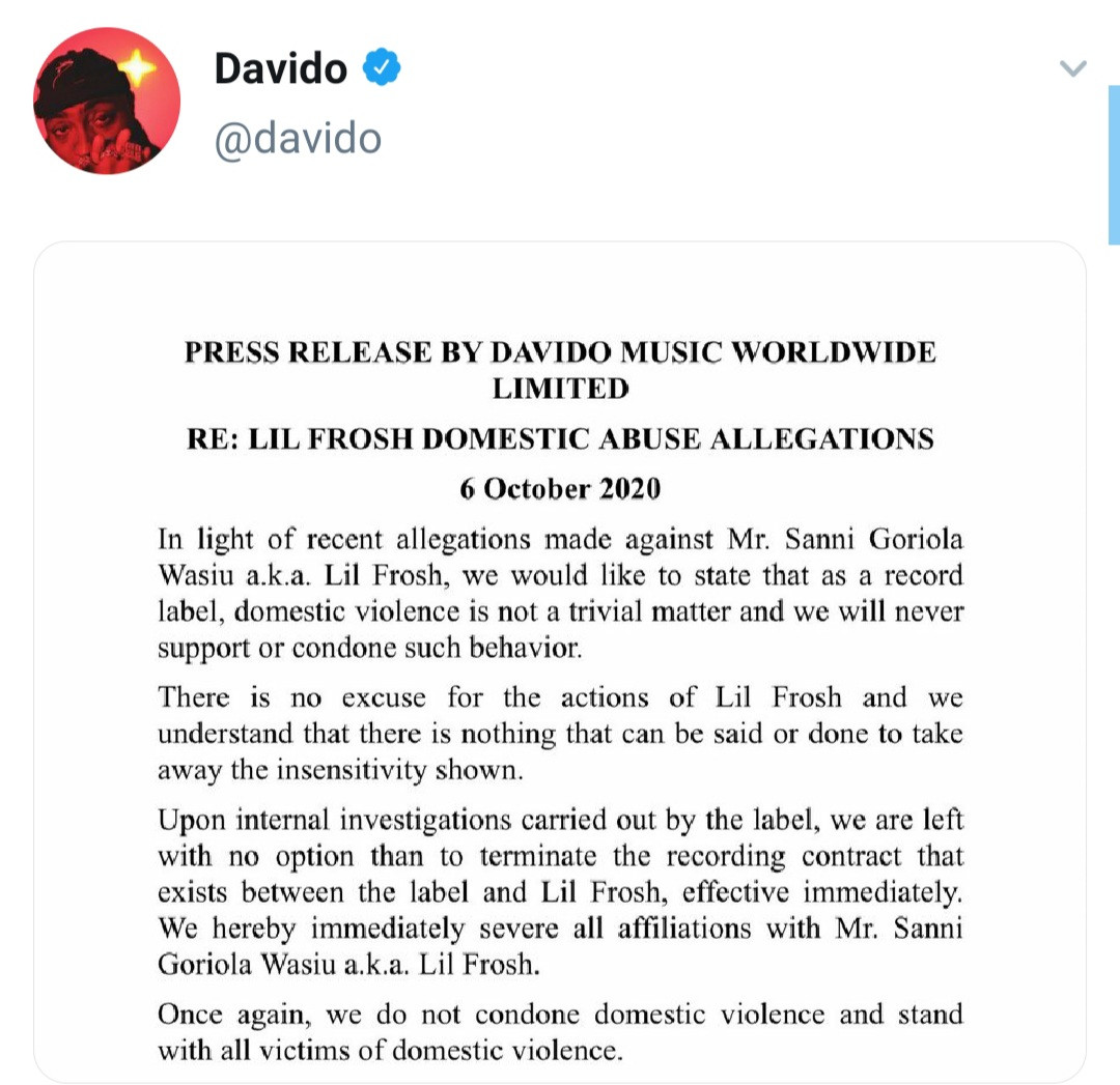 Davido terminates contract with Lil Frosh following reports he assaulted his girlfriend