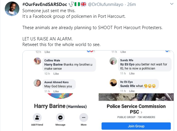 Alleged Facebook comments of policemen threatening to shoot #EndSARS protesters in Port Harcourt goes viral