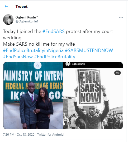 Photos of man who joined the #EndSARS protest in his wedding suit shortly after tying the knot