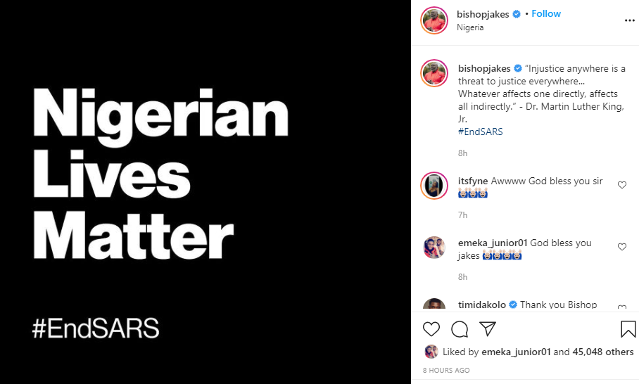 Injustice anywhere is a threat to justice everywhere - Bishop T.D Jakes lends voice to #EndSARS protest 