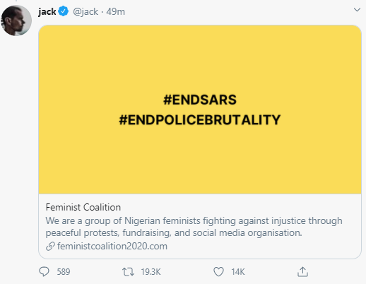 Twitter CEO Jack Dorsey tweets his support for #EndSARS protest 