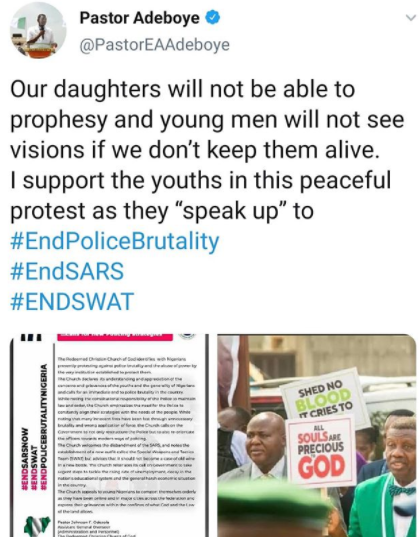 Pastor Adeboye Endorses #EndSARS Protests