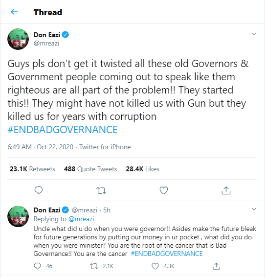 "All these old Governors and Government people coming out to speak like they are righteous, are all part of the problem" - Singer, Mr.Eazi