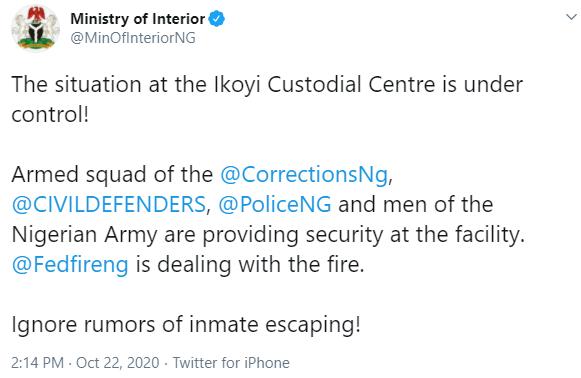 Ikoyi prison incident has been contained, no inmate escaped- Ministry of Interior says