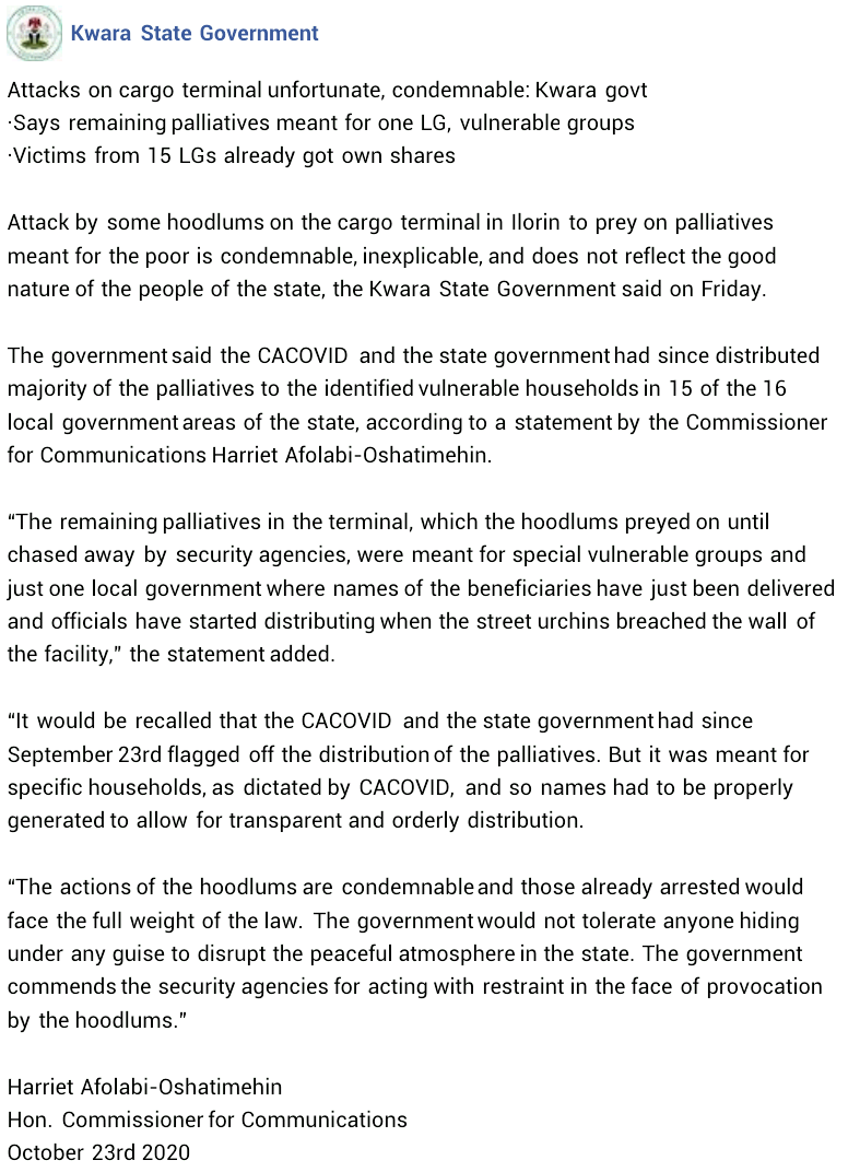 Kwara State Govt condemns looting of warehouse, says the COVID-19 palliatives were meant for the poor and vulnerable groups