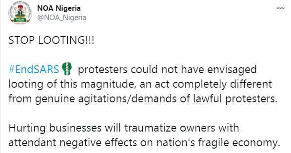 Looting will have negative effects on economy - National Orientation Agency