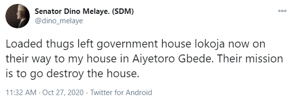 Thugs have left the govt house Lokoja and are on their way to destroy my home - Dino Melaye alleges