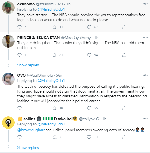 "We want an open panel" Nigerians say as youth representatives on the Lagos judicial panel of enquiry on police brutality are asked to sign oath of secrecy 