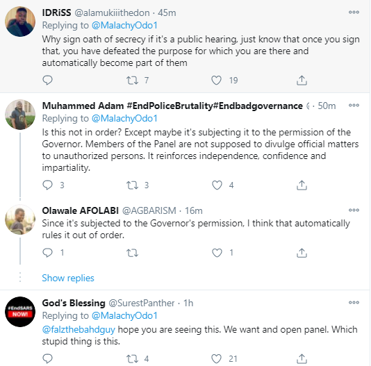 "We want an open panel" Nigerians say as youth representatives on the Lagos judicial panel of enquiry on police brutality are asked to sign oath of secrecy 