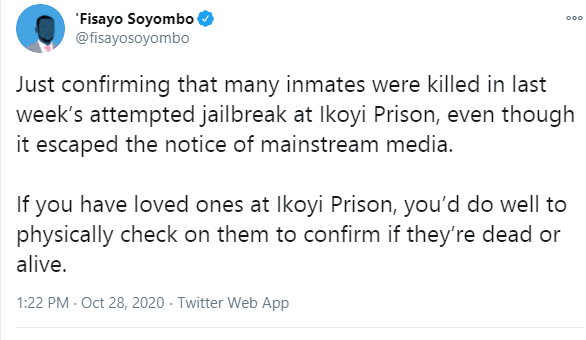 Many inmates were killed in last week?s attempted jailbreak at Ikoyi Prison - Journalist Fisayo Soyombo alleges 