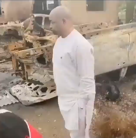 MC Oluomo inspects burnt police station in Oshodi (video)