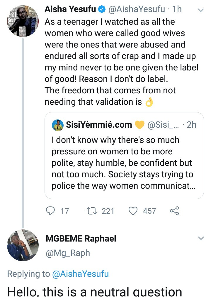 My husband is the most practicing feminist - Aisha Yesufu responds to Twitter user who asked how she handles her home