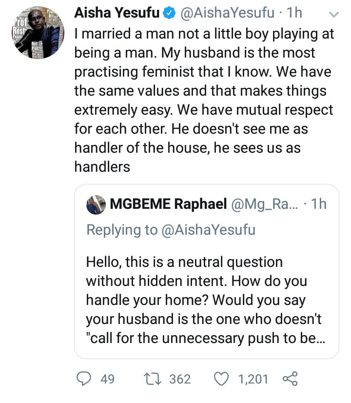 My husband is the most practicing feminist - Aisha Yesufu responds to Twitter user who asked how she handles her home