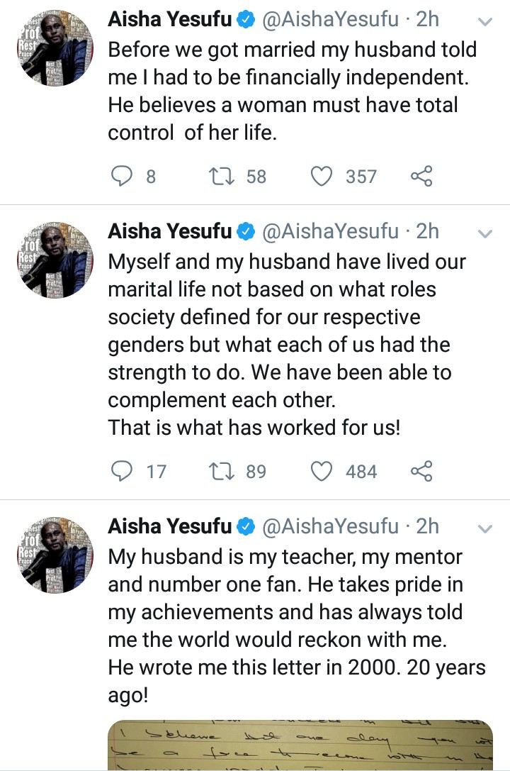My husband is the most practicing feminist - Aisha Yesufu responds to Twitter user who asked how she handles her home