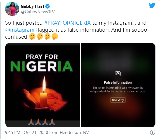 ?Instagram apologizes to Nigerians for incorrectly flagging down posts in support of #EndSARS campaign as "false information"?