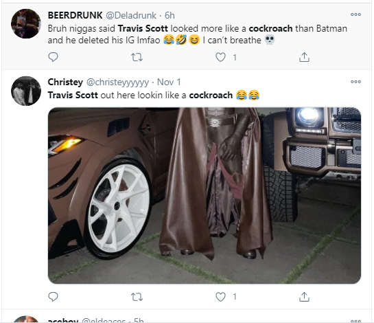 Travis Scott deactivates his Instagram after fans compared him to a "cockroach" over his Batman costume for Halloween