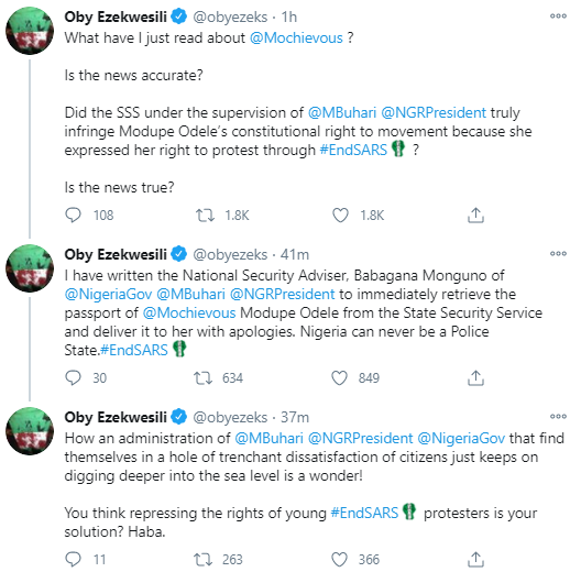 Outrage as #EndSARS frontliner is prevented from leaving the country and her passport seized; Oby Ezekwesili, Lala Akindoju and others react