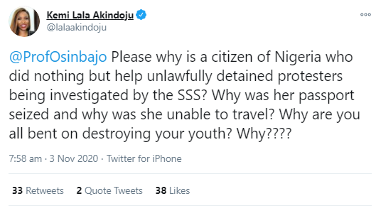 Outrage as #EndSARS frontliner is prevented from leaving the country and her passport seized; Oby Ezekwesili, Lala Akindoju and others react
