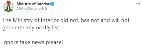 Ministry of Interior denies generating a no-fly list of #EndSARS protesters