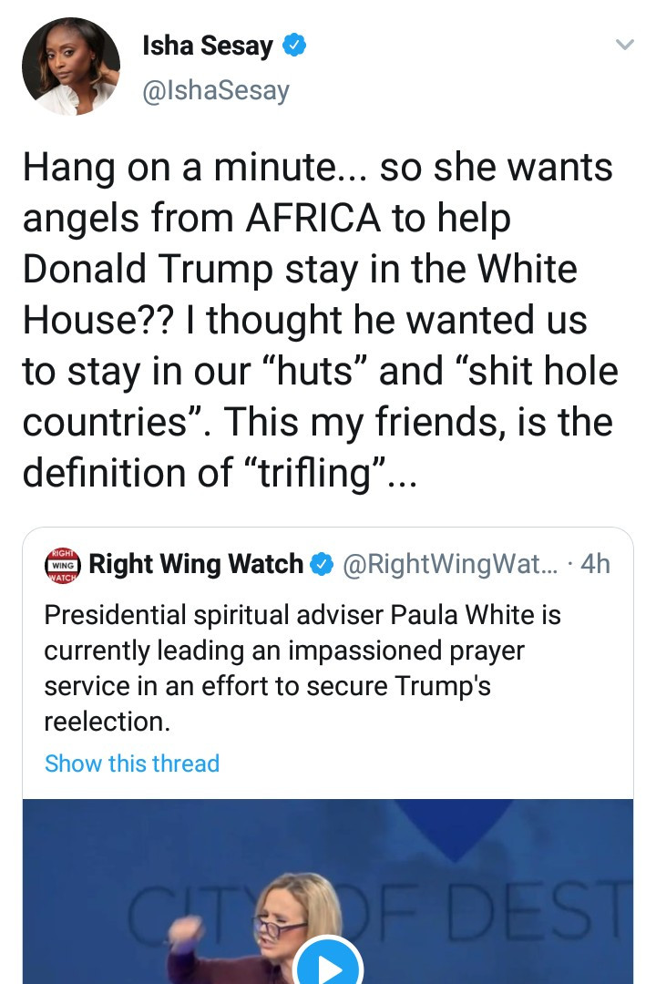 Hilarious reactions as Presidential spiritual adviser, Paula White, says while praying that angels are currently being released from Africa to secure Trump