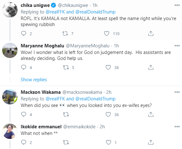 Nigerians react to FFK referring to US president-elect Kamala Harris as 