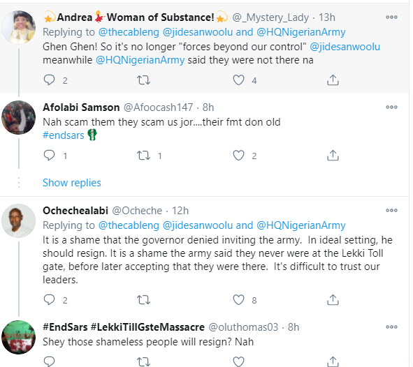 Nigerians react after Nigerian Army said they are not happy Gov Sanwo-Olu denied inviting them to the Lekki tollgate