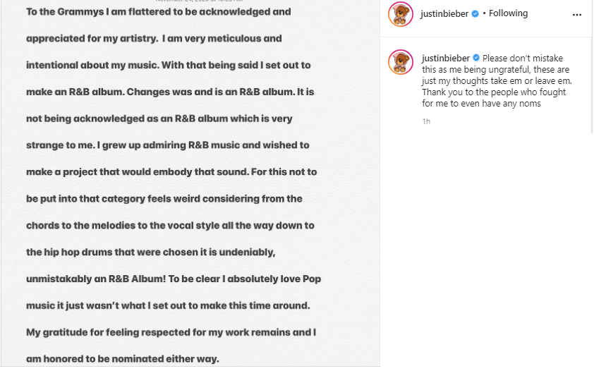 Justin Bieber complains about his Grammy Nominations; says his album is R&B and not Pop