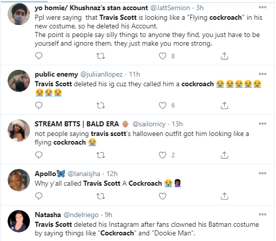 Travis Scott deactivates his Instagram after fans compared him to a "cockroach" over his Batman costume for Halloween