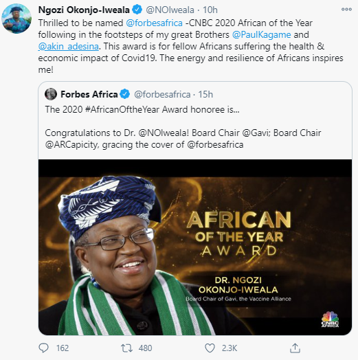 Forbes names Ngozi Okonjo-Iweala Africa Person of the Year 2020