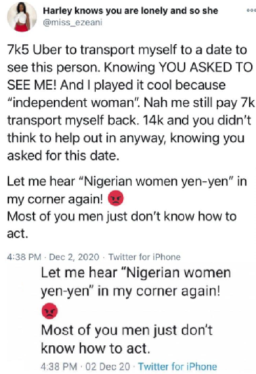 Lady calls out Nigerian men after she spent 14,500 on transport to and from a date