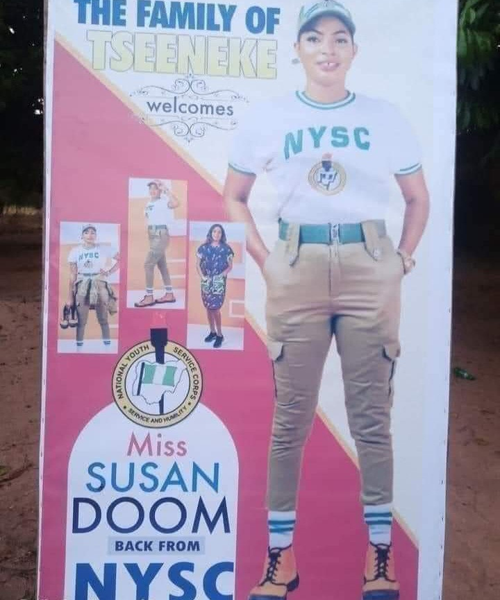 Nigerians react as family prints banner to welcome daughter from NYSC