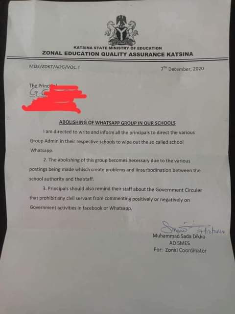 Katsina abolishes WhatsApp groups in schools; prohibits staff from commenting "negatively or positively on government activities" on Facebook