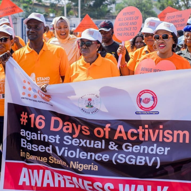 Benue First Lady leads walk against gender-based violence days after she and husband reconciled Pius Angbo and wife without making him face the consequences