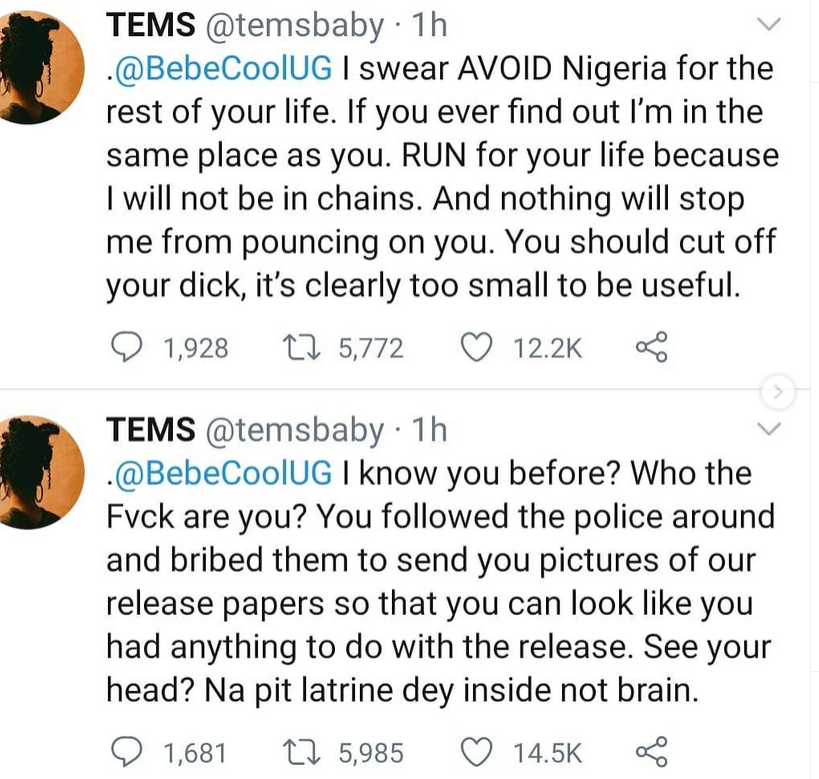 Singer Tems tells Ugandan singer Bebecool to avoid Nigeria for the rest of his life