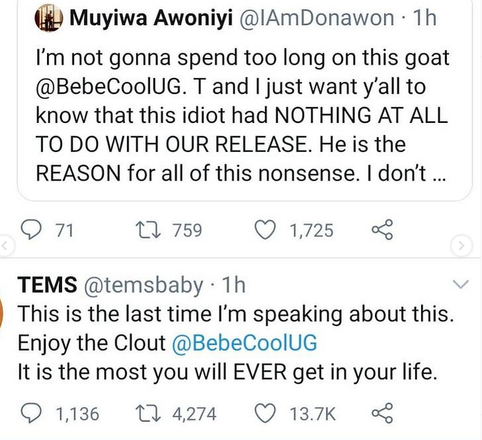 Singer Tems tells Ugandan singer Bebecool to avoid Nigeria for the rest of his life