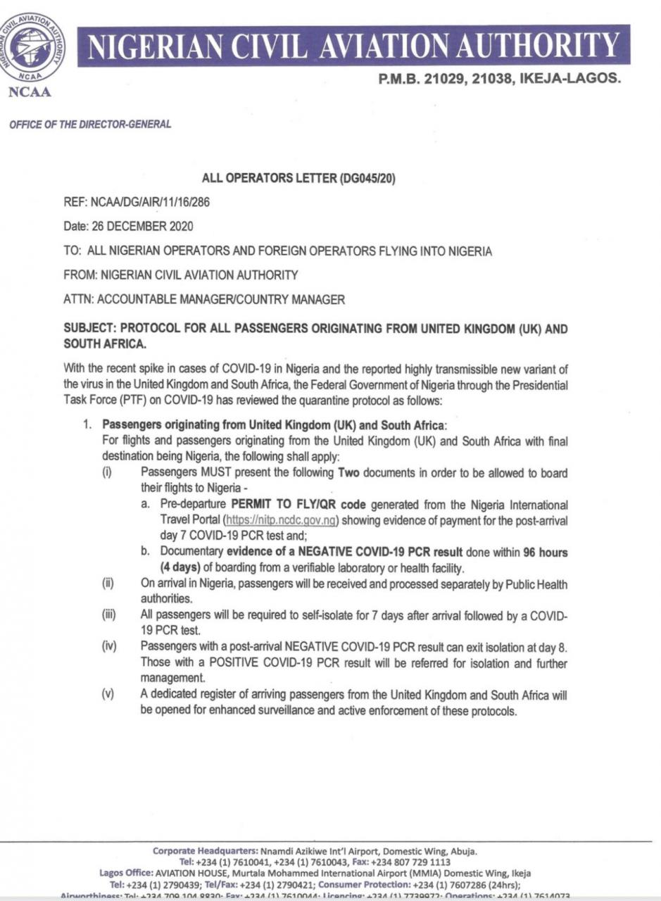 COVID19 variant: NCAA issues new Travel and Quarantine protocol for all passengers from the United Kingdom and South Africa
