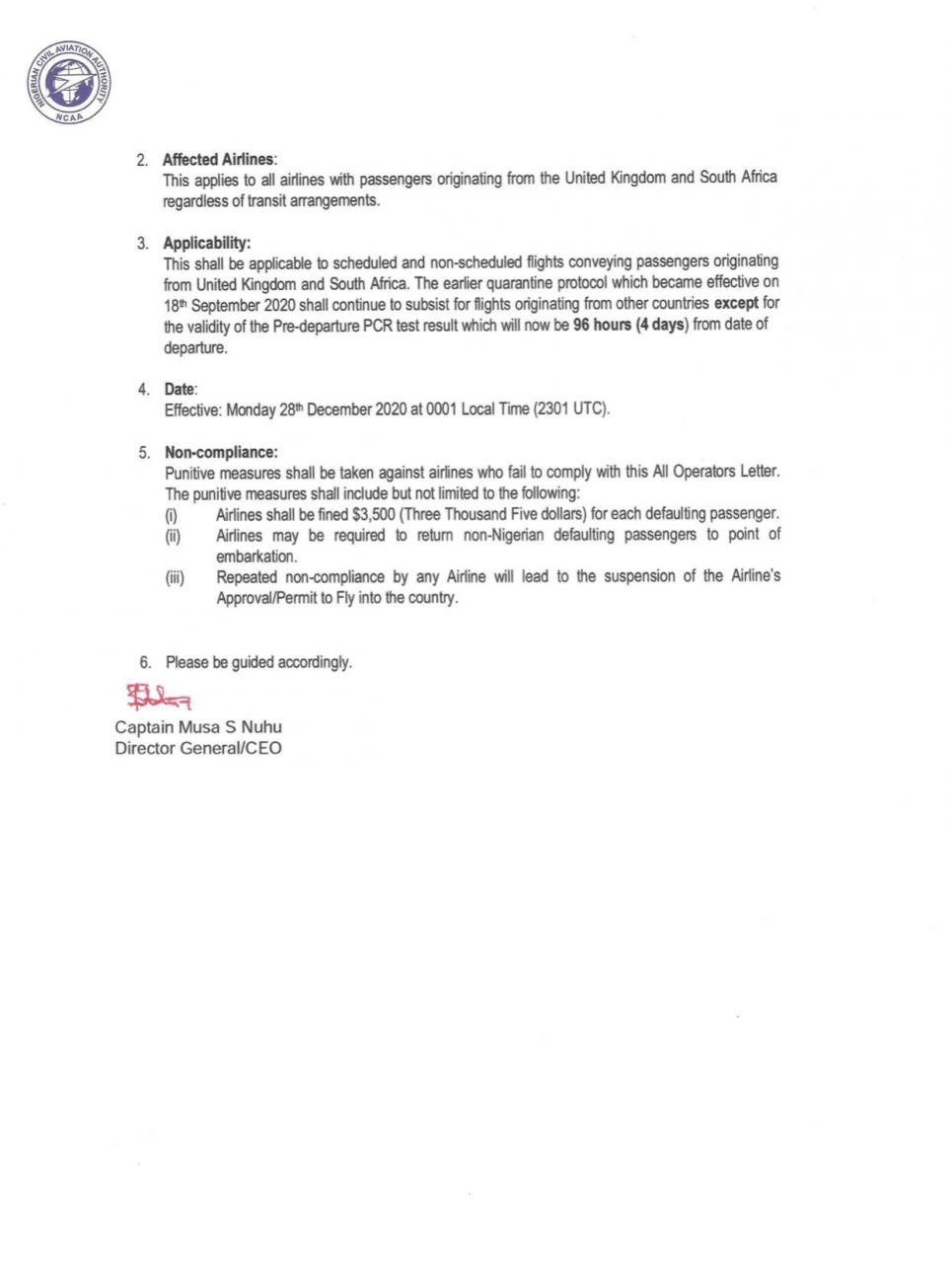 COVID19 variant: NCAA issues new Travel and Quarantine protocol for all passengers from the United Kingdom and South Africa