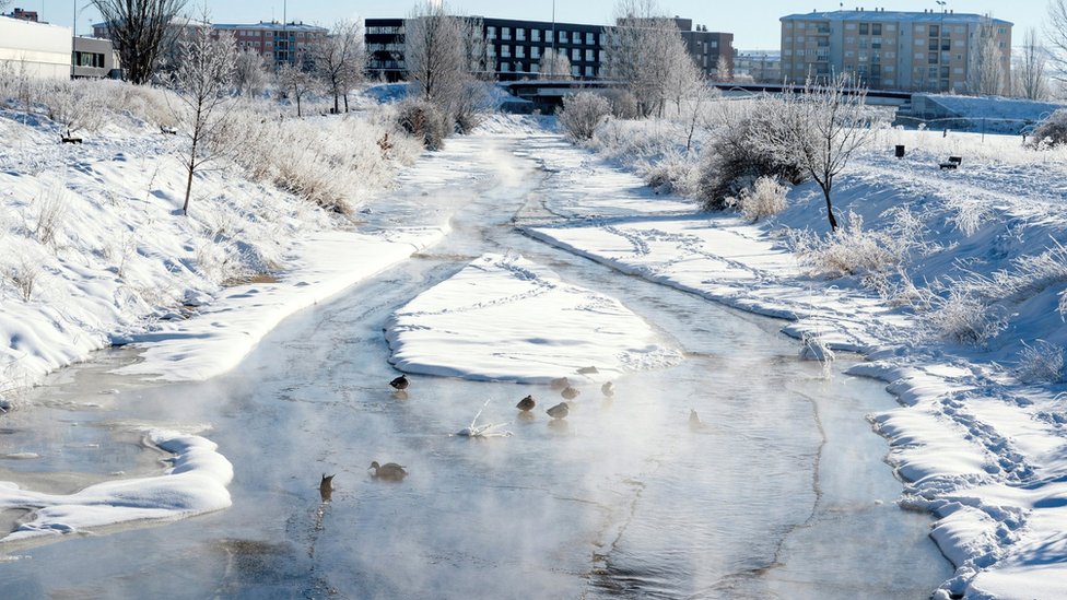 A view of the frozen Chico river in Avila, Spain, 12 January 2021