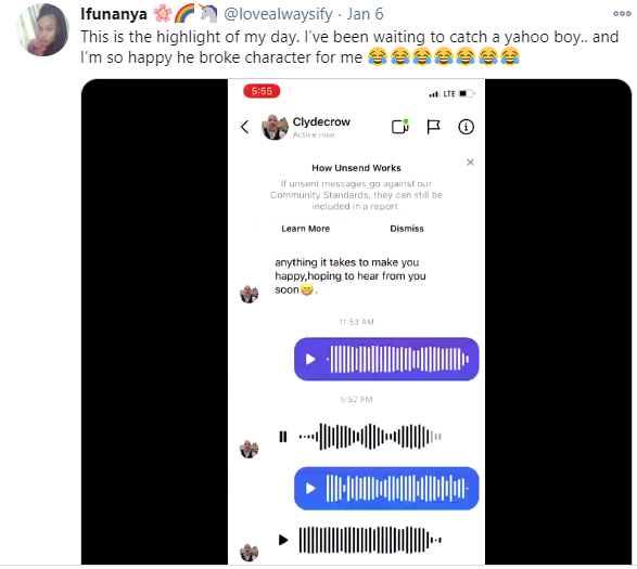 Moment a yahoo boy broke character while trying to defraud a Nigerian lady (video)