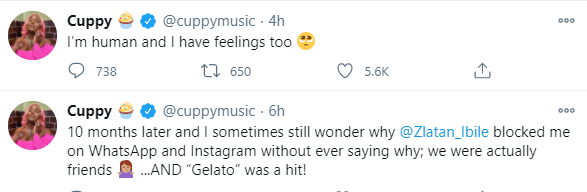 DJ Cuppy reveals Zlatan has blocked her on Whatsapp and IG for 10 months, wonders why