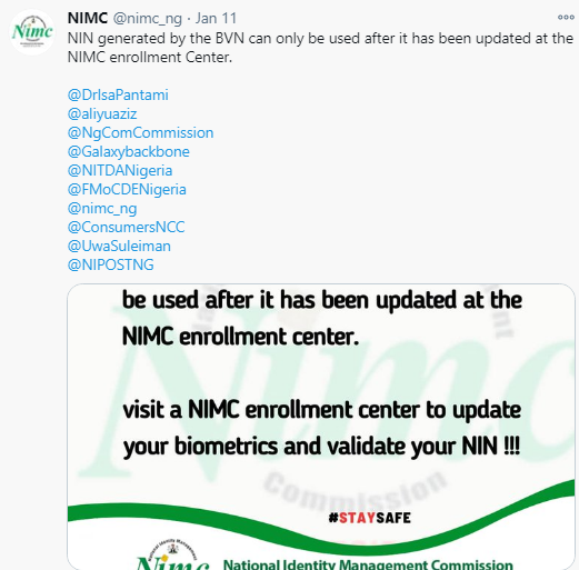 NIN generated from BVN record is invalid - NIMC says; tells Nigerians to visit an enrollment centre to complete NIN registration
