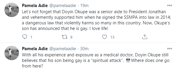 Doyin Okupe vehemently supported the Anti-gay law in 2014. Now his son is gay - LGBT activist, Pamela Adie says